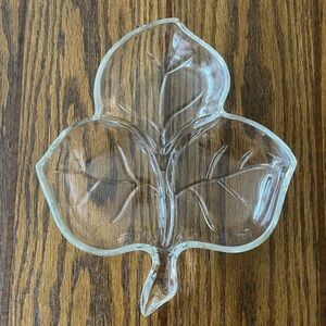 Vintage Leaf Divided Clear Glass Dish MCM Candy Nut Relish 3 Sections